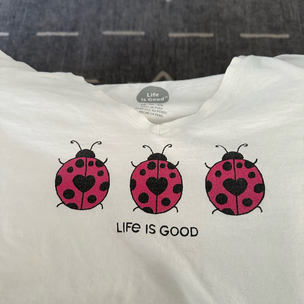 Life Is Good White and Pink Short Sleeve Tee with Ladybug Design